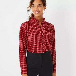 Ann Taylor Red and Black Metallic Plaid Ruffle Button Up Top